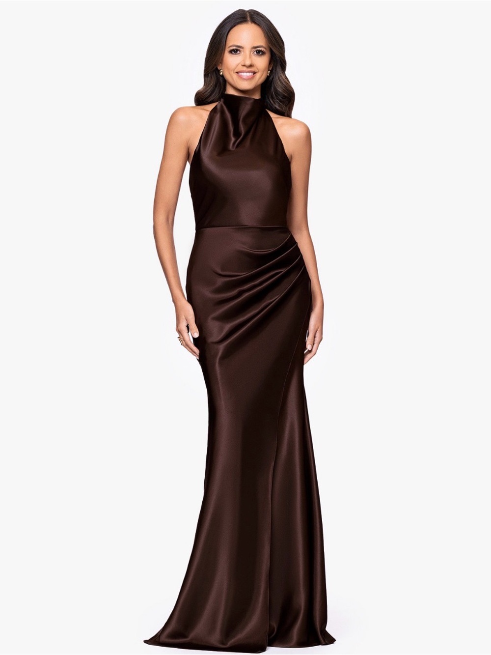 Betsy & Adam Women's Cowl Halter Neck Charmeuse Long Dress, Brown, size US 8.R9A